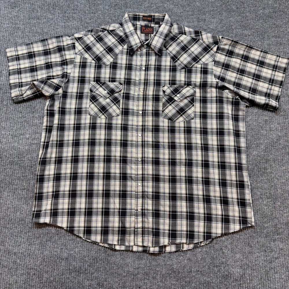 Vintage Plains Big Man 2XL Western Shirt Black Gray Plaid Pearl Snap Cowboy